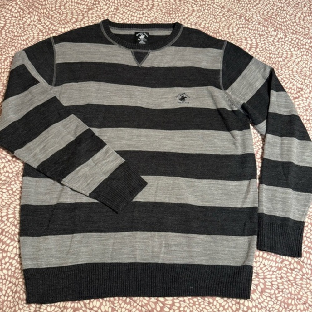 Beverly Hills Polo Club Men's Crewneck Sweater -‎ Black and Gray Stripes